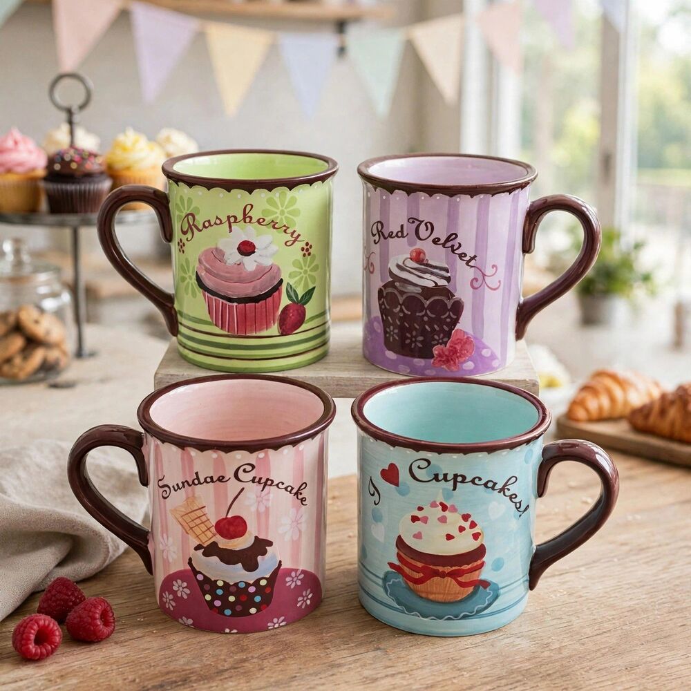 Jennifer Brinley Cupcake Coffee Mugs Set of 4 Dessert Pastel Bakery Ceramic